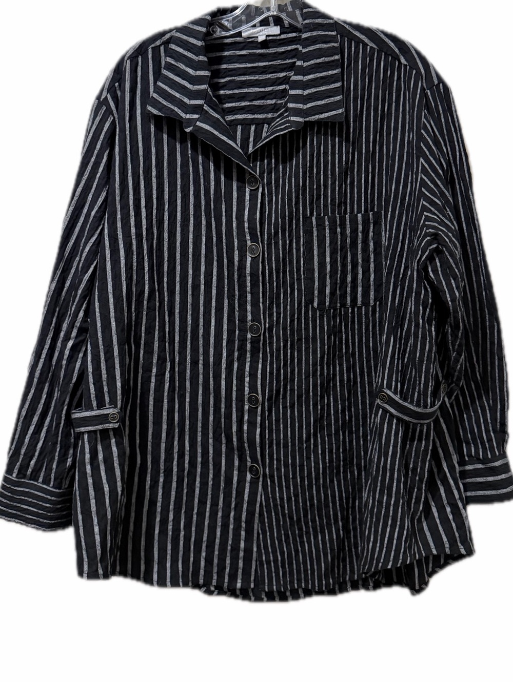 Habitat Large Black and Gray Striped Lagenlook Minimal Cotton Button Shirt B10